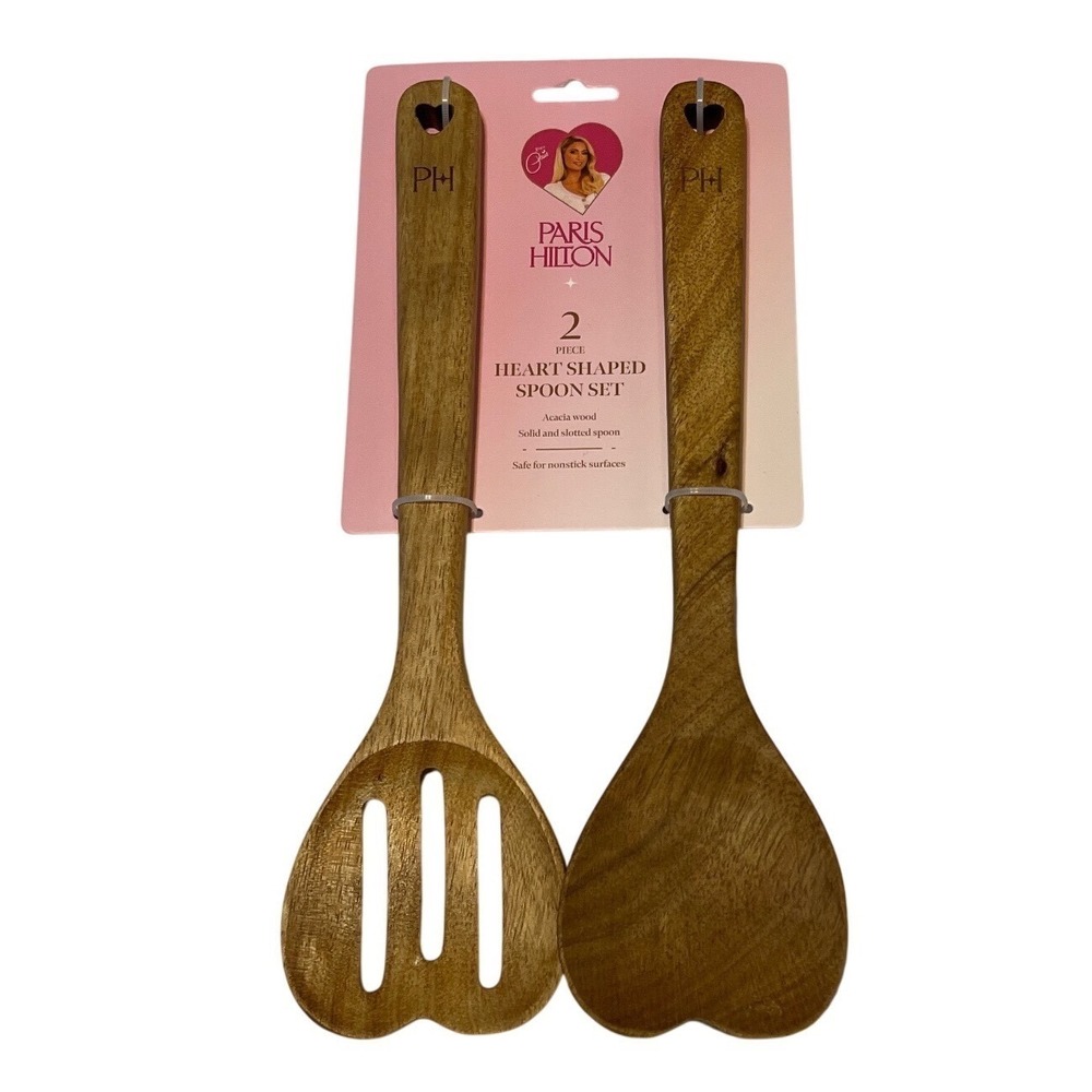 Paris Hilton 2 Piece Heart Shaped Spoon Set Acacia Wood Solid & Slotted PH Logo